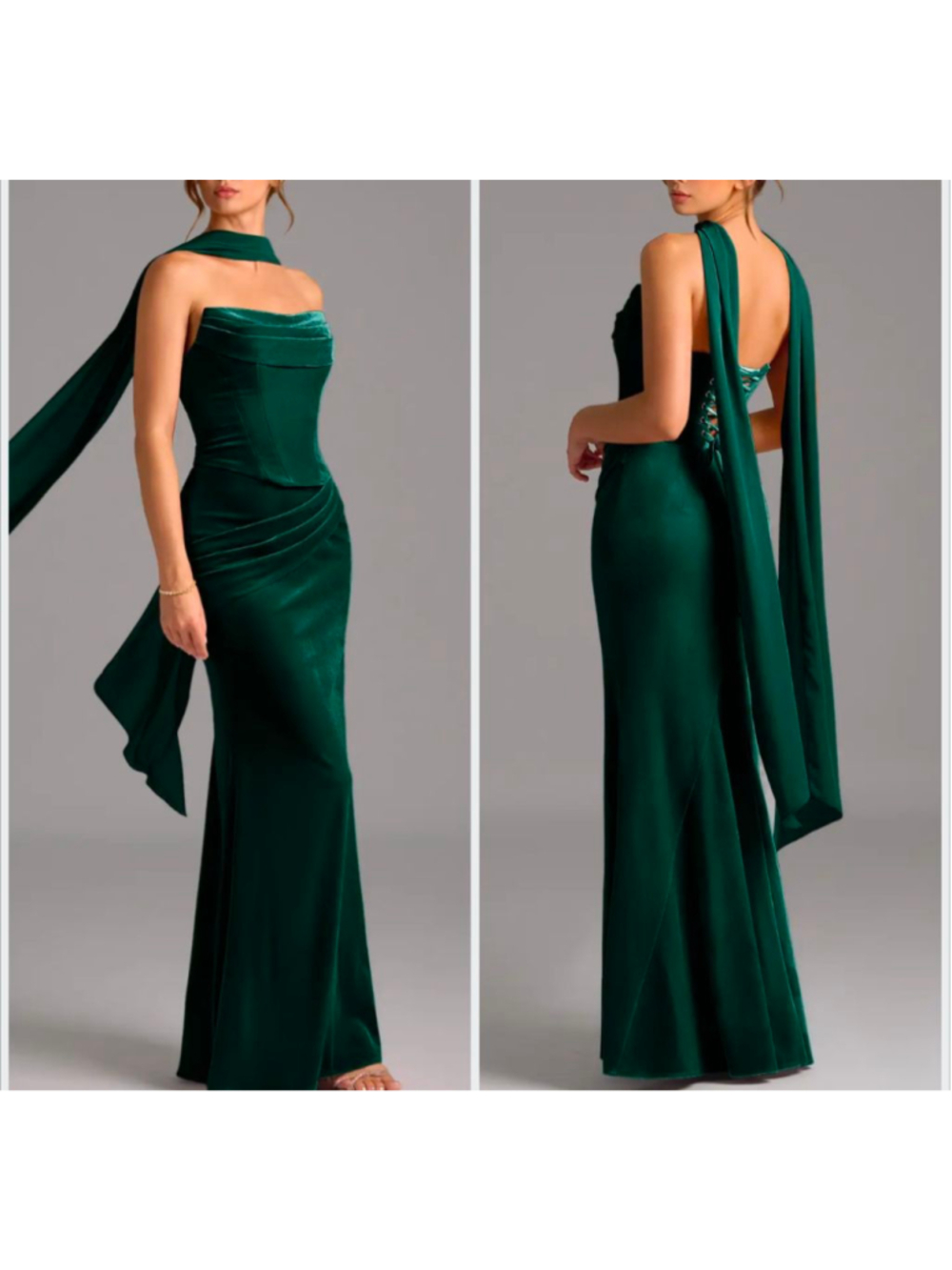 Women's AZAZIE 2 piece Emerald Green Strapless Velvet Gown Size S (no scarf)